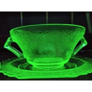 Florentine uranium glass soup bowls and saucers (set of 5)